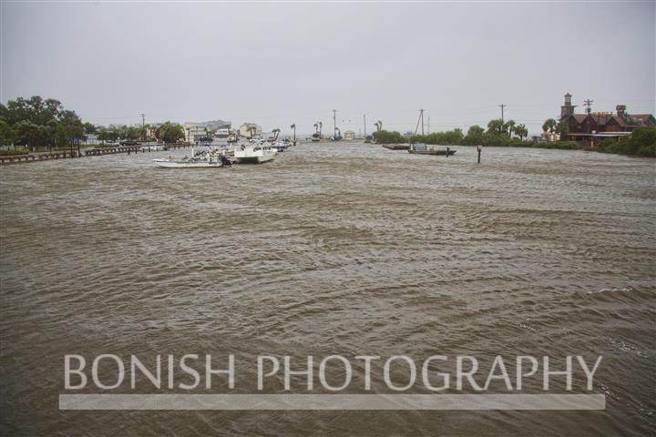 Looking East over the Cedar Key Marina as high winds keep lots of churned up water against the boat ramp - Tropical Storm Andrea - Photo by Pat Bonish